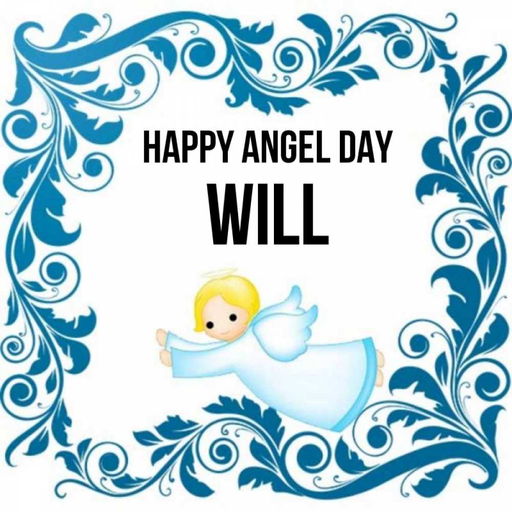 Greetings card с именем, Will happy angel day девочка ангел и синяя рамка Greetings with text for free download 