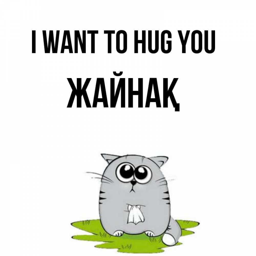 Greetings card с именем, Жайнақ I want to hug you котик теребит платочек сидя на травке Greetings with text for free download 