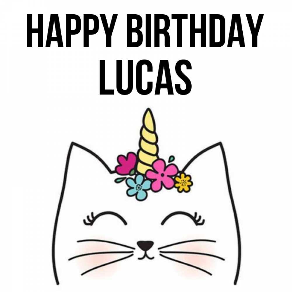 Greetings card с именем, Lucas Happy Birthday милый кот с одним рожком Greetings with text for free download 