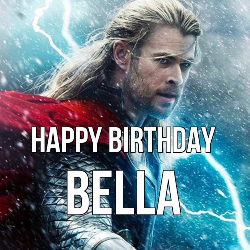 Greetings card с именем, Bella Happy Birthday марвел боги Greetings with text for free download 