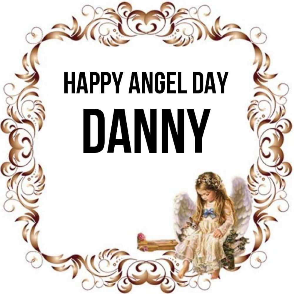 Greetings card с именем, Danny happy angel day рамочка из перьев и ангелочек Greetings with text for free download 
