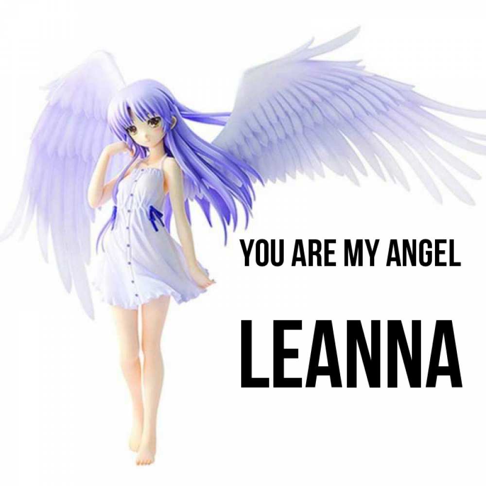 Greetings card с именем, Leanna You are my angel девушка ангел с фиолетовыми крыльями Greetings with text for free download 