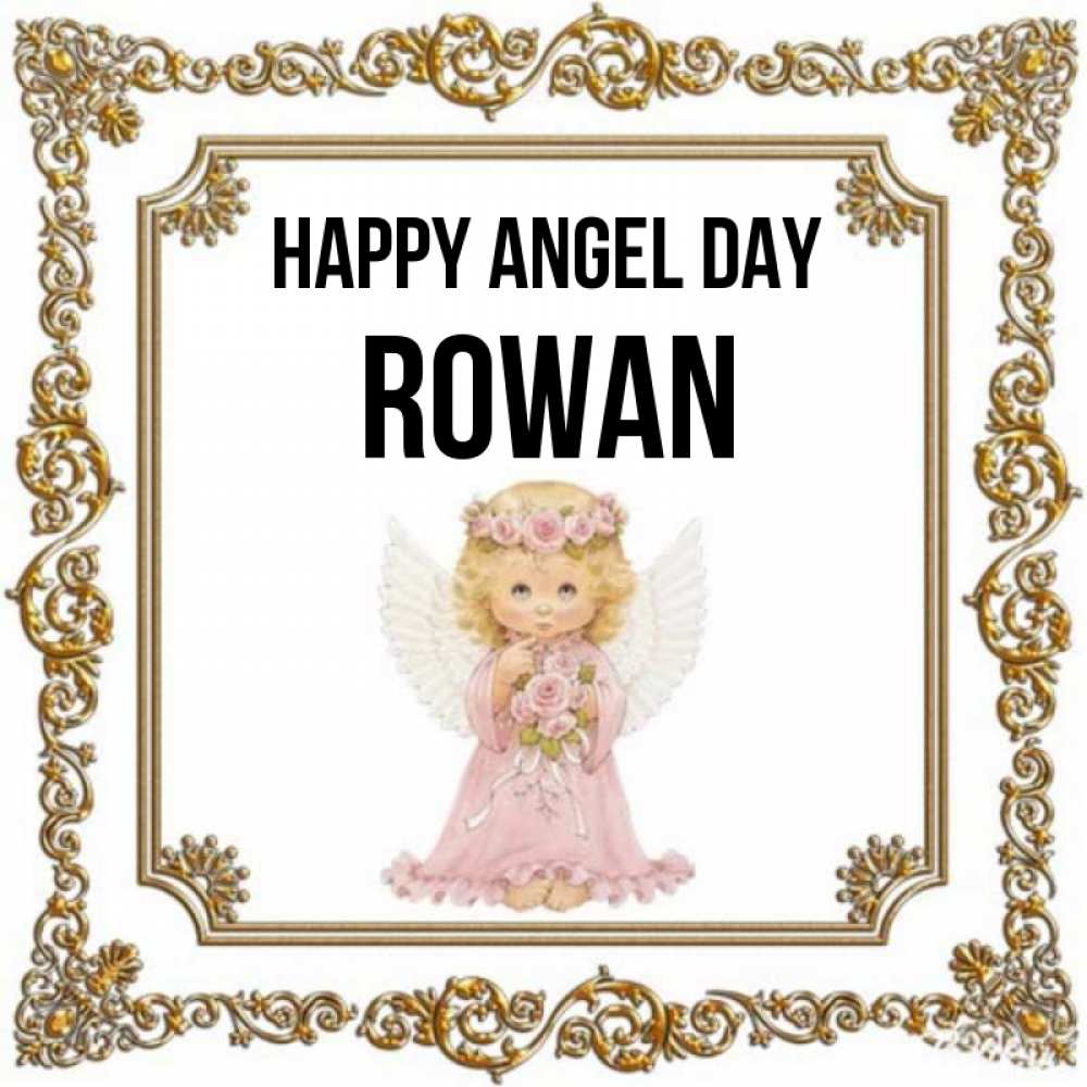 Greetings card с именем, Rowan happy angel day девочка ангел с крыльями и цветами в розовом платье Greetings with text for free download 