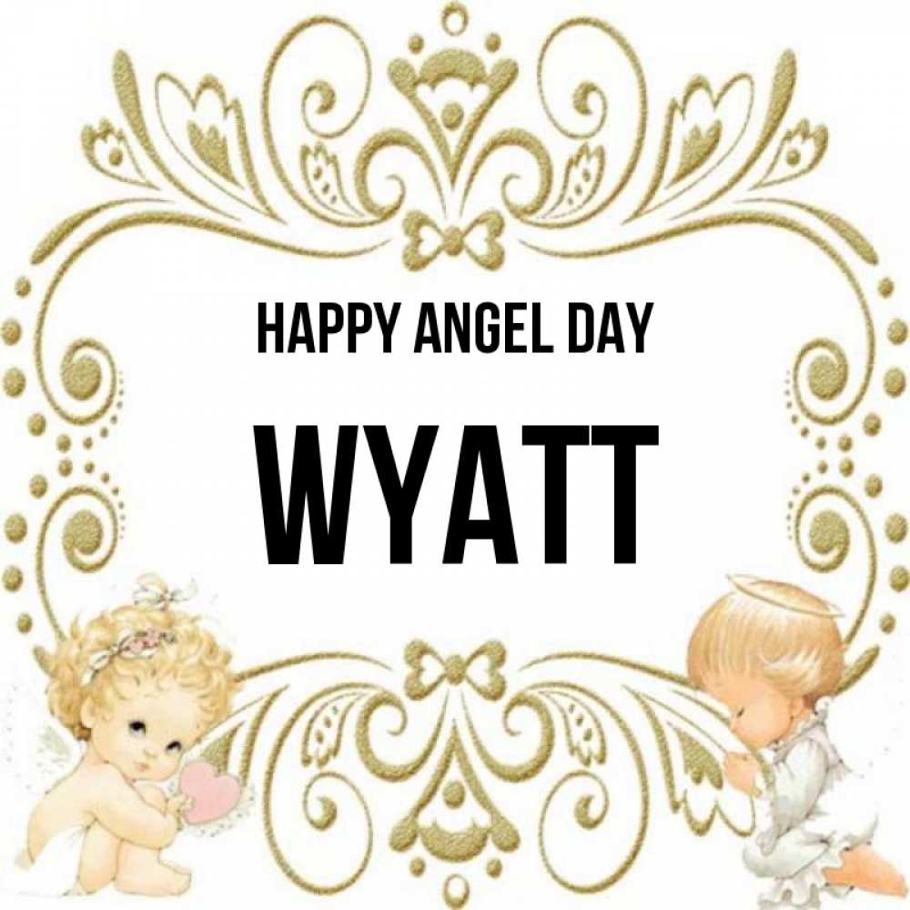 Greetings card с именем, Wyatt happy angel day с именинами поздравляют два красивых ангела. Один с сердечком другой молится Greetings with text for free download 