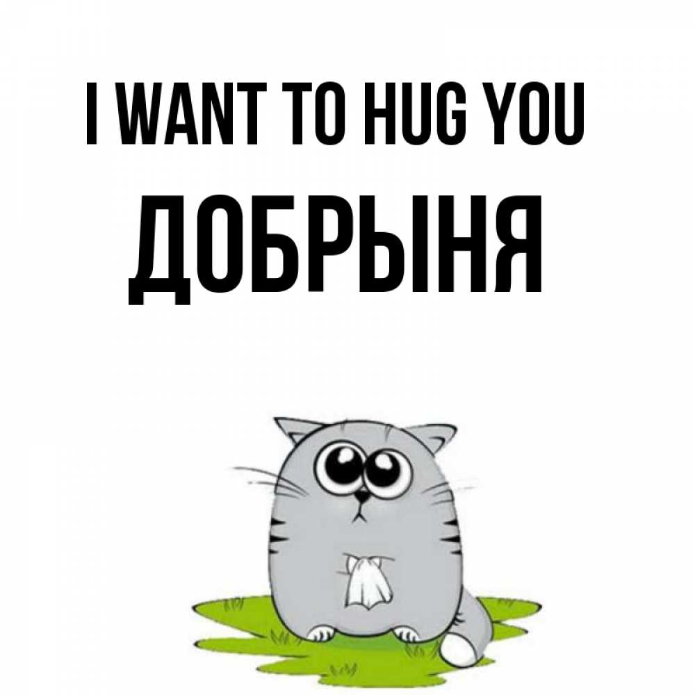 Greetings card с именем, Добрыня I want to hug you котик теребит платочек сидя на травке Greetings with text for free download 