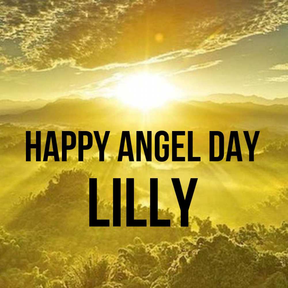 Greetings card с именем, Lilly happy angel day леса и небо в желтом Greetings with text for free download 