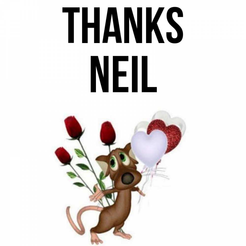 Greetings card с именем, Neil Thanks песик с шариками в форме сердец Greetings with text for free download 