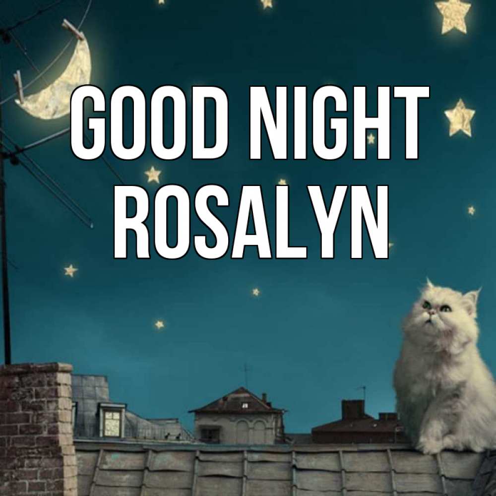 Greetings card с именем, Rosalyn Good night белый кот сидит на крыше Greetings with text for free download 