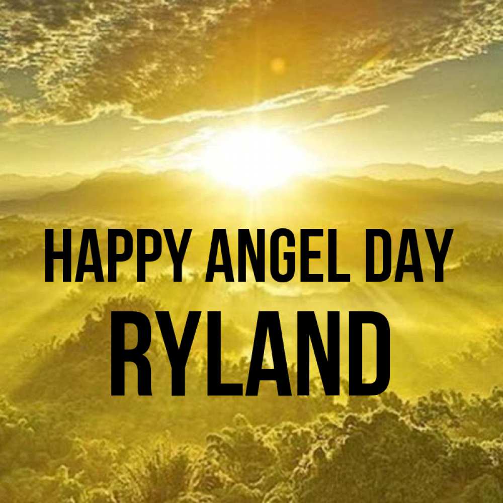 Greetings card с именем, Ryland happy angel day леса и небо в желтом Greetings with text for free download 