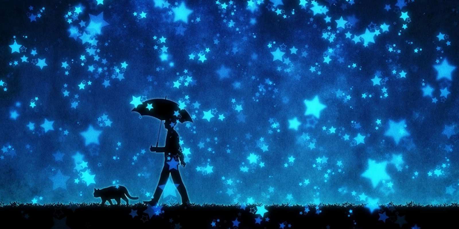 Открытка прогулка под зонтом  ночные прогулки с котом под звездами Good night 