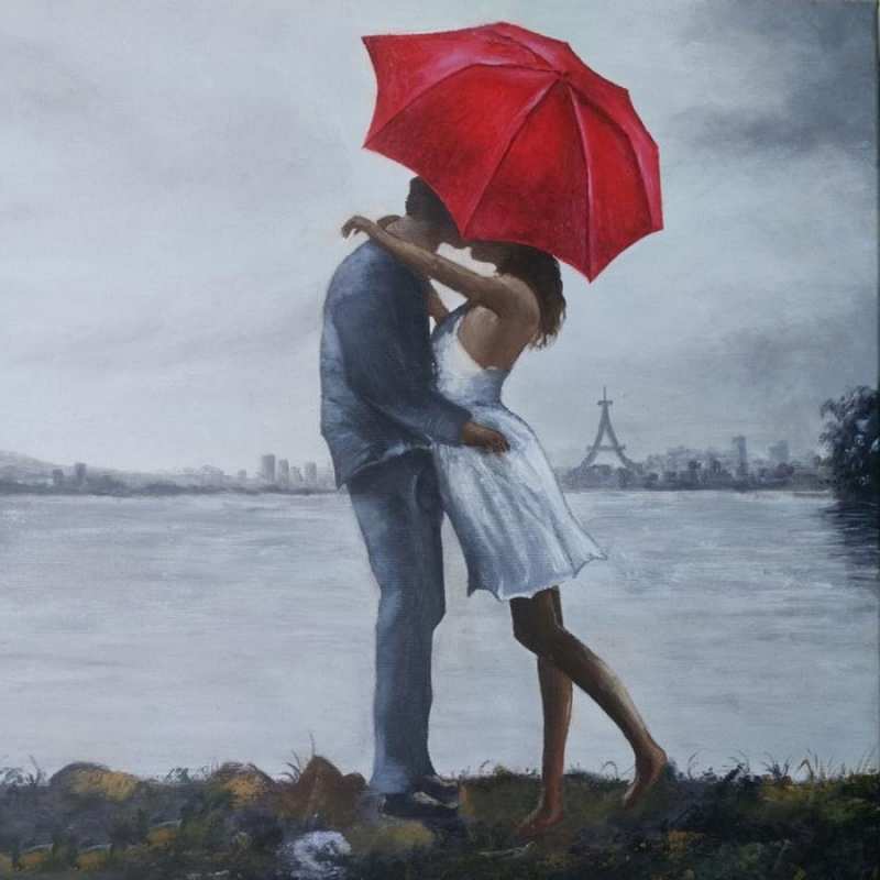 Открытка поцелуй  под красным зонтом  I love you 