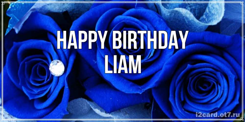 Greetings card с именем, Liam Happy Birthday синие розы в росе Greetings with text for free download 