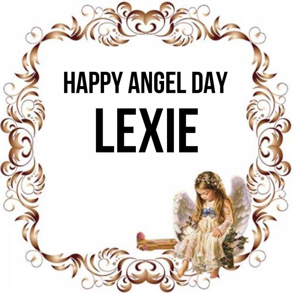 Greetings card с именем, Lexie happy angel day рамочка из перьев и ангелочек Greetings with text for free download 
