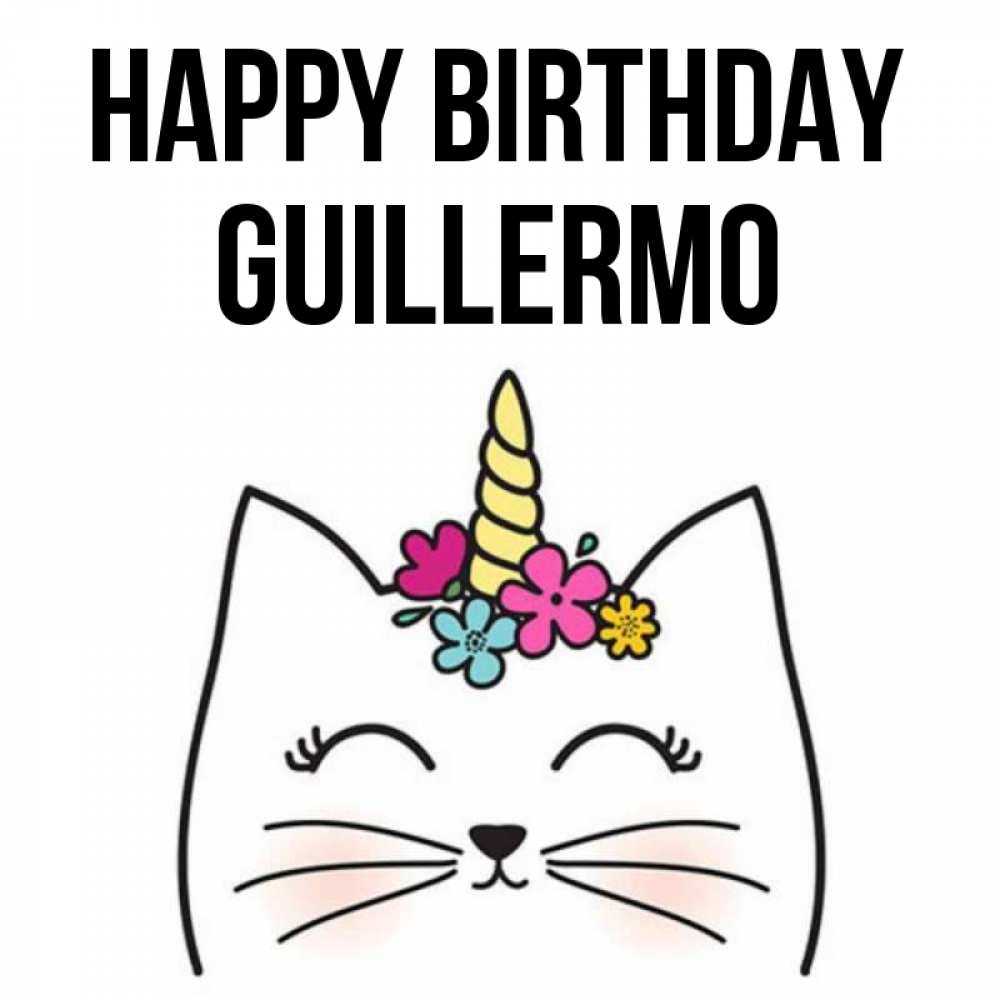 Greetings card с именем, Guillermo Happy Birthday милый кот с одним рожком Greetings with text for free download 