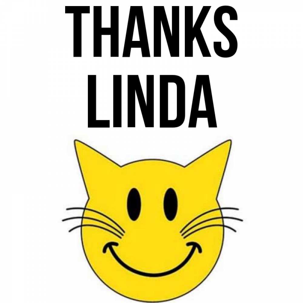 Greetings card с именем, Linda Thanks улыбающийся смайл кот Greetings with text for free download 