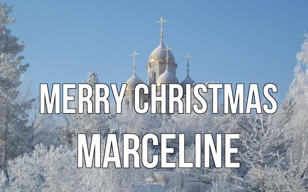 Greetings card с именем, Marceline Merry Christmas храм, зима, лес, церковь Greetings with text for free download 
