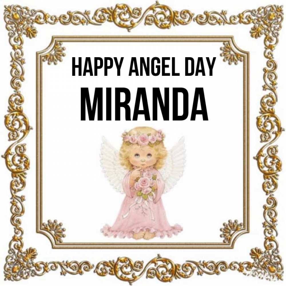 Greetings card с именем, Miranda happy angel day девочка ангел с крыльями и цветами в розовом платье Greetings with text for free download 