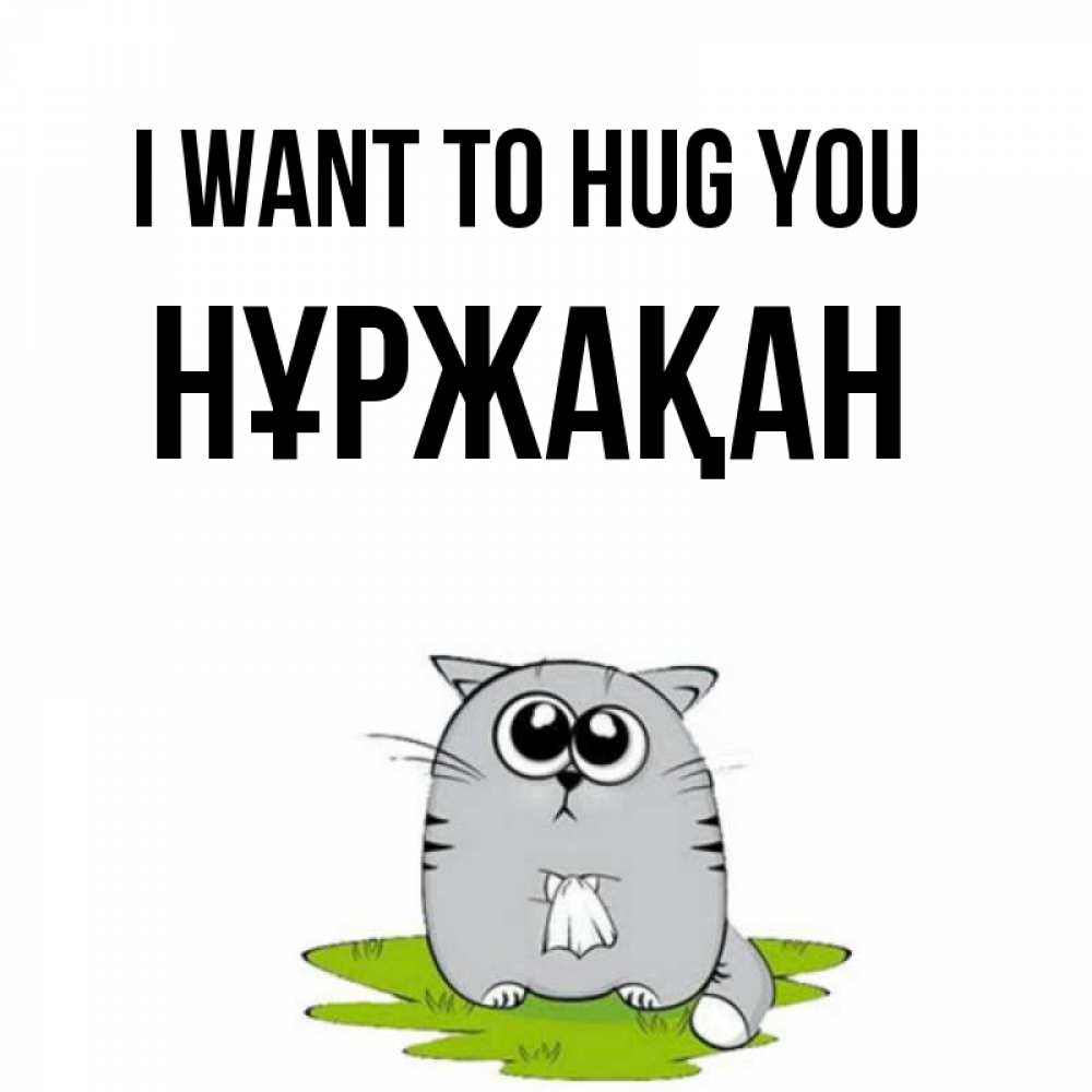 Greetings card с именем, НҰРЖАҚАН I want to hug you котик теребит платочек сидя на травке Greetings with text for free download 