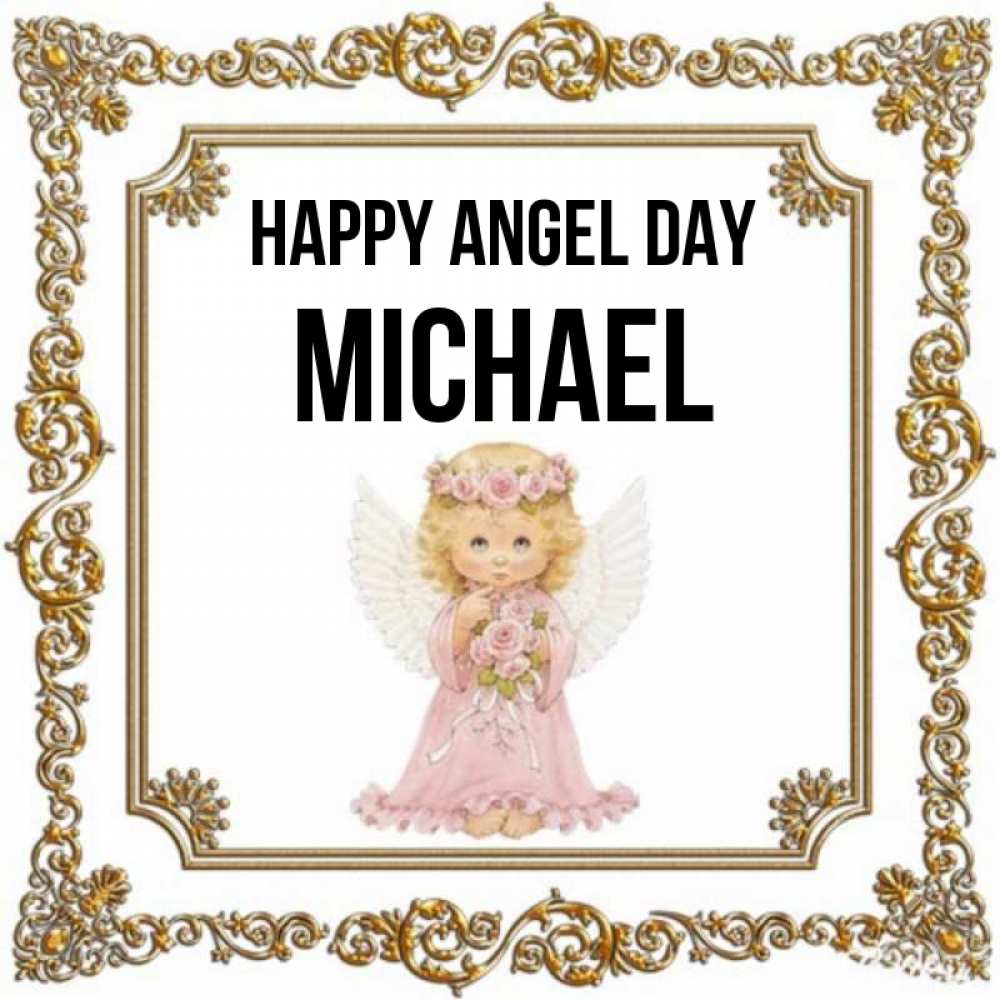 Greetings card с именем, Michael happy angel day девочка ангел с крыльями и цветами в розовом платье Greetings with text for free download 