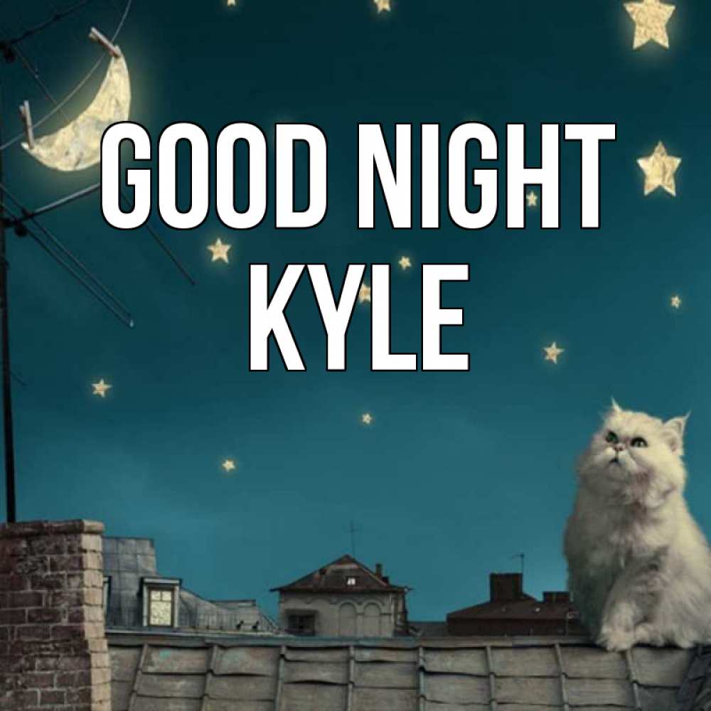 Greetings card с именем, Kyle Good night белый кот сидит на крыше Greetings with text for free download 