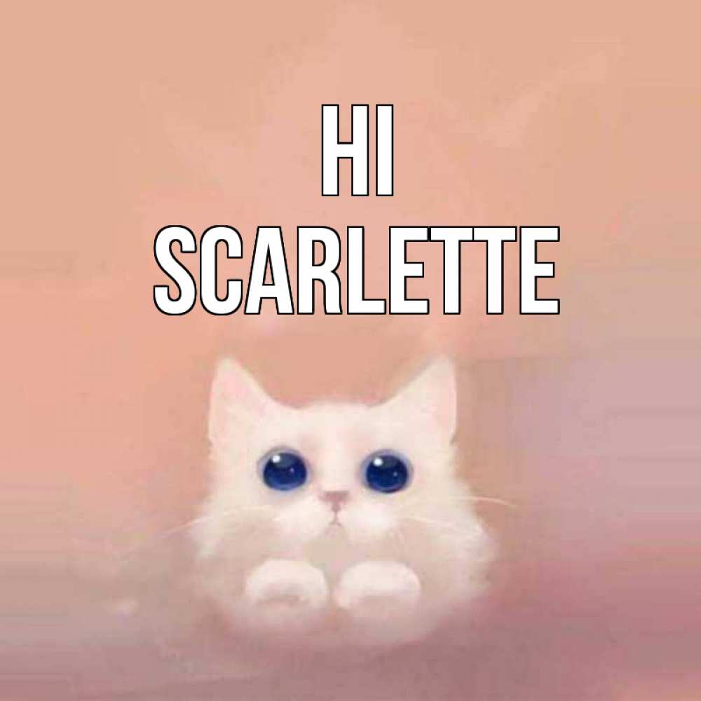Greetings card с именем, Scarlette Hi котик белый в полете Greetings with text for free download 