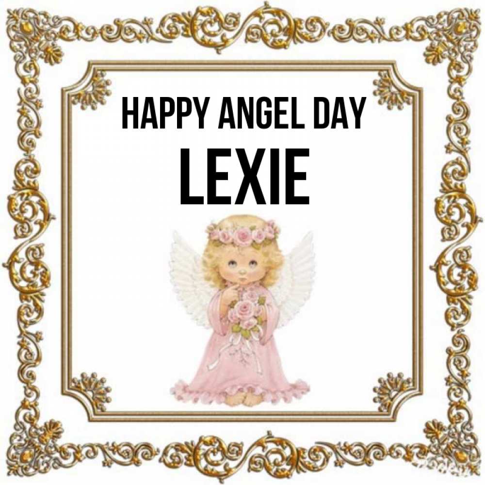 Greetings card с именем, Lexie happy angel day девочка ангел с крыльями и цветами в розовом платье Greetings with text for free download 