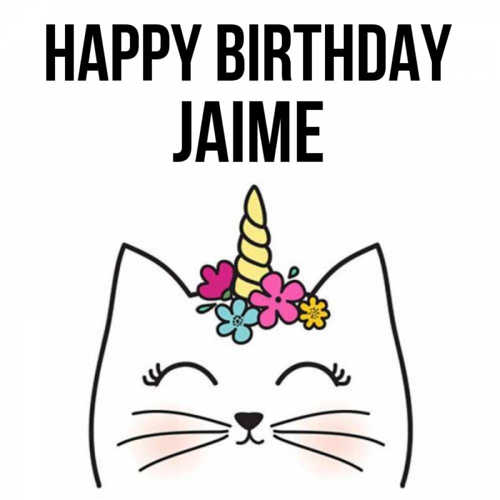 Greetings card с именем, Jaime Happy Birthday милый кот с одним рожком Greetings with text for free download 