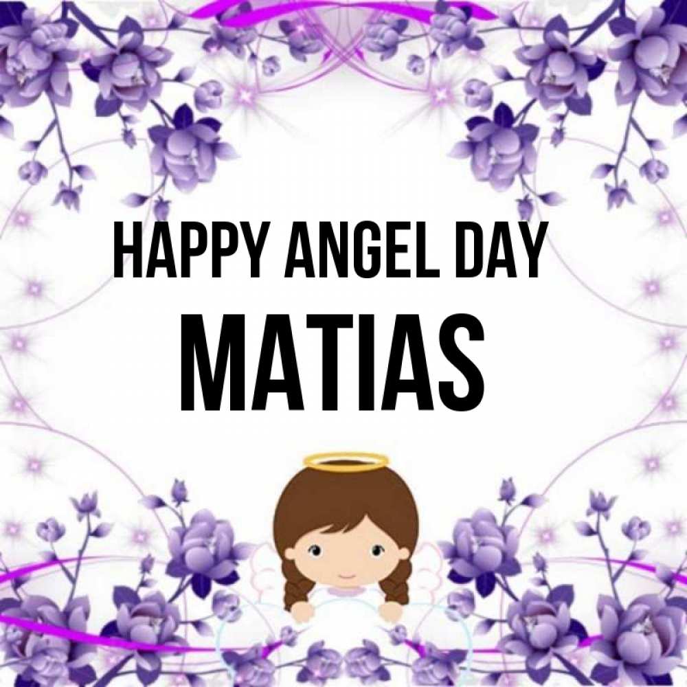 Greetings card с именем, Matias happy angel day с именинами в рамочке Greetings with text for free download 