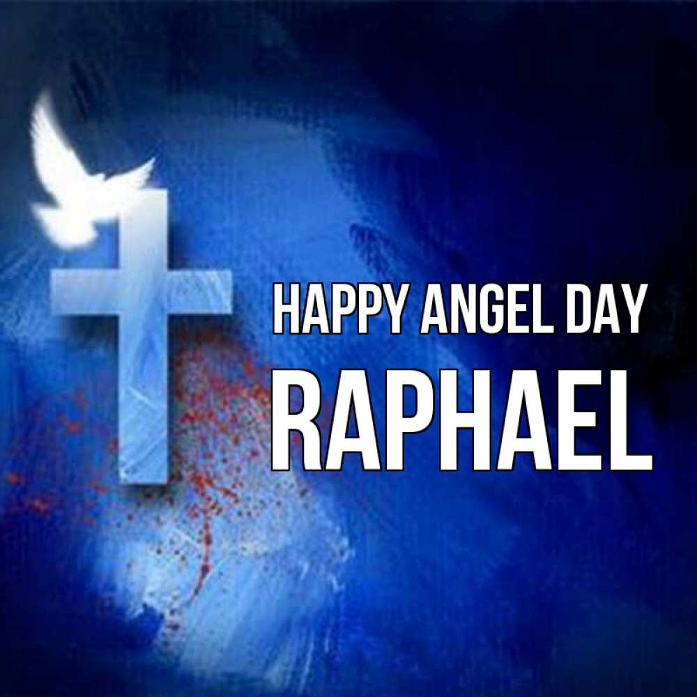 Greetings card с именем, Raphael happy angel day Синий фон и птица Greetings with text for free download 
