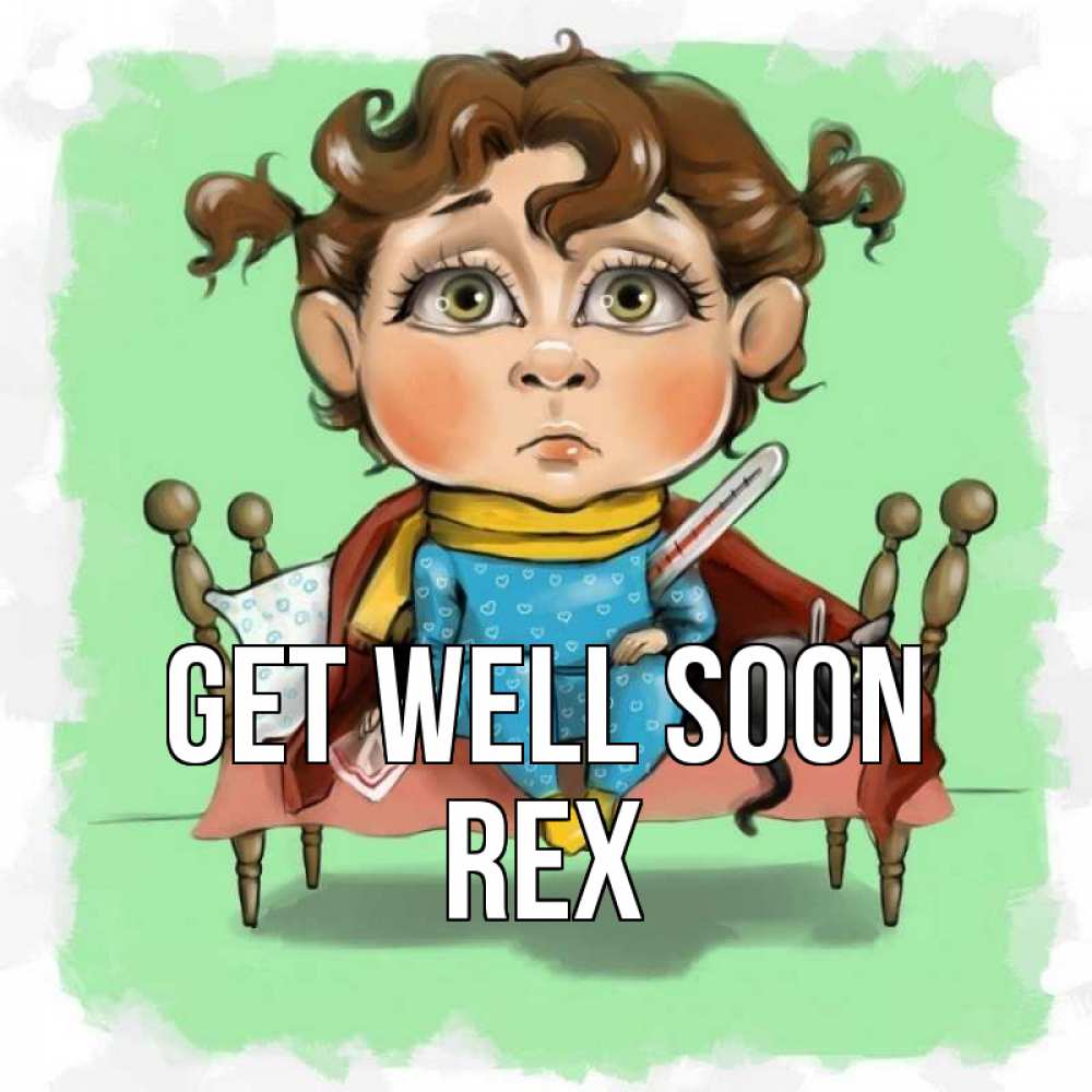 Greetings card с именем, Rex Get well soon лежит с котом и градусниками Greetings with text for free download 