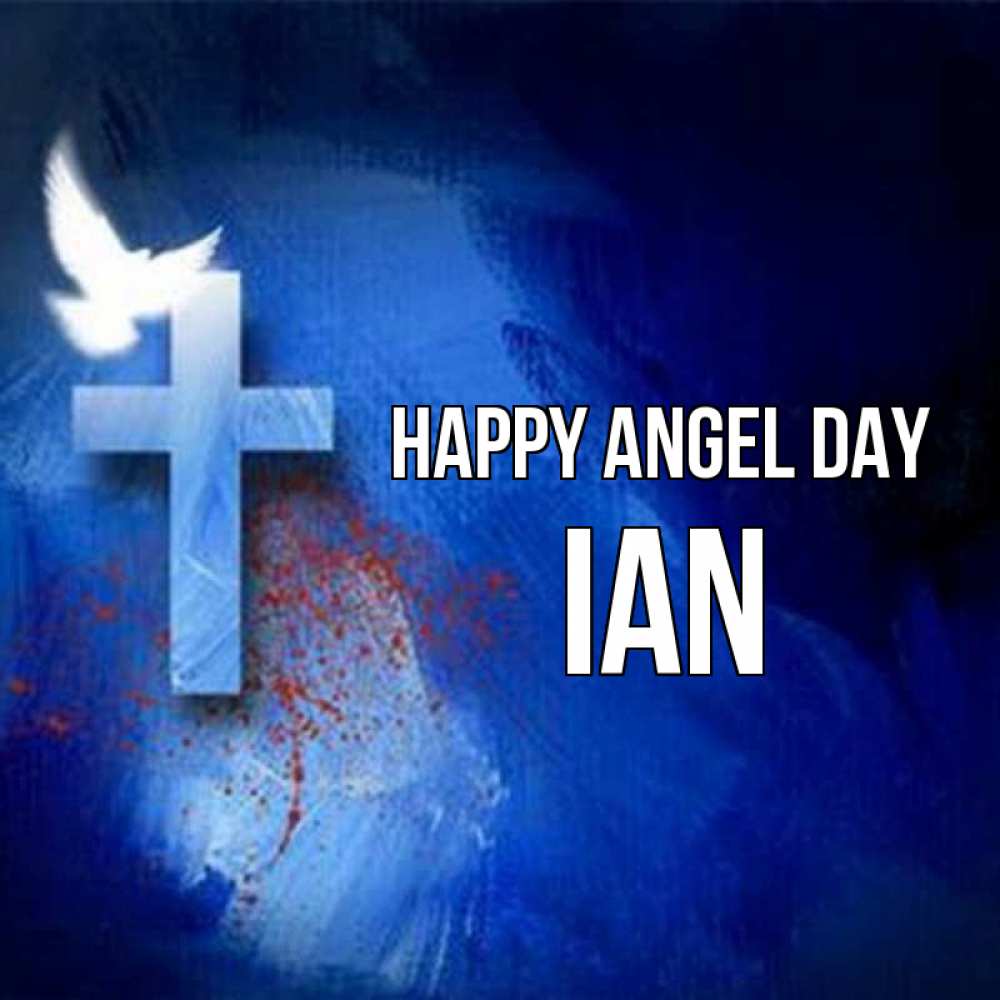 Greetings card с именем, Ian happy angel day Синий фон и птица Greetings with text for free download 