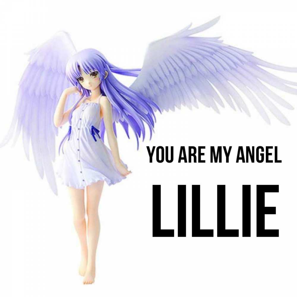 Greetings card с именем, Lillie You are my angel девушка ангел с фиолетовыми крыльями Greetings with text for free download 