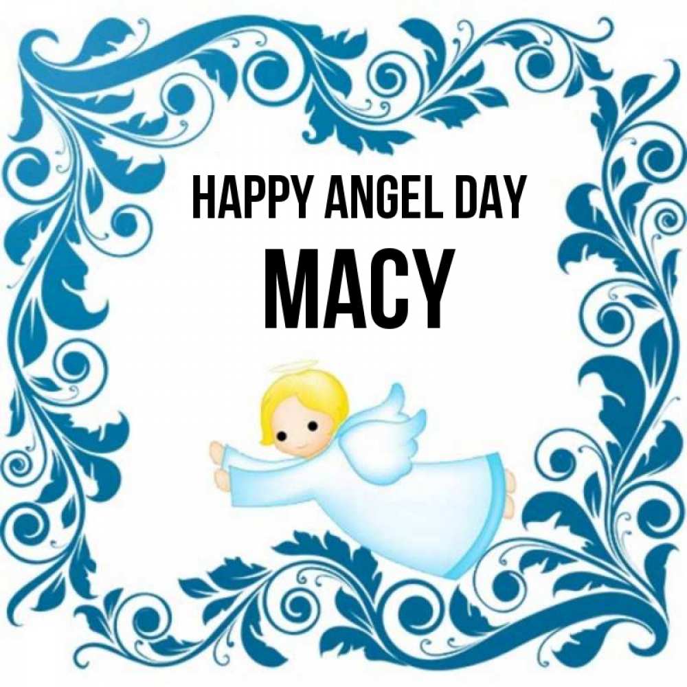 Greetings card с именем, Macy happy angel day девочка ангел и синяя рамка Greetings with text for free download 
