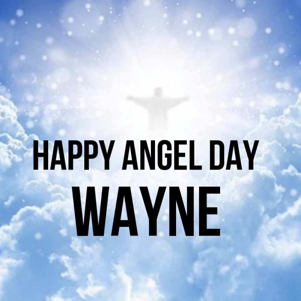 Greetings card с именем, Wayne happy angel day ангел на облаках в свете солнца Greetings with text for free download 
