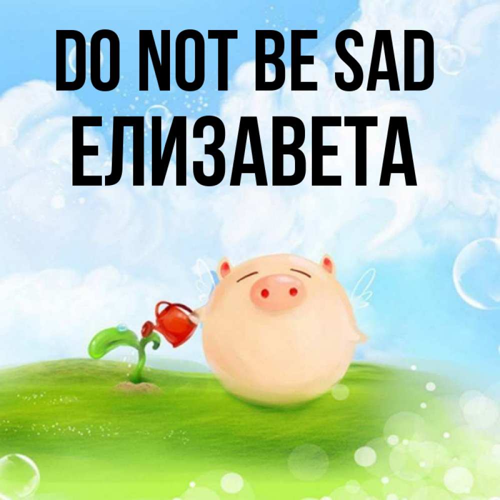 Greetings card с именем, Елизавета Do not be sad поливает цветок порося Greetings with text for free download 
