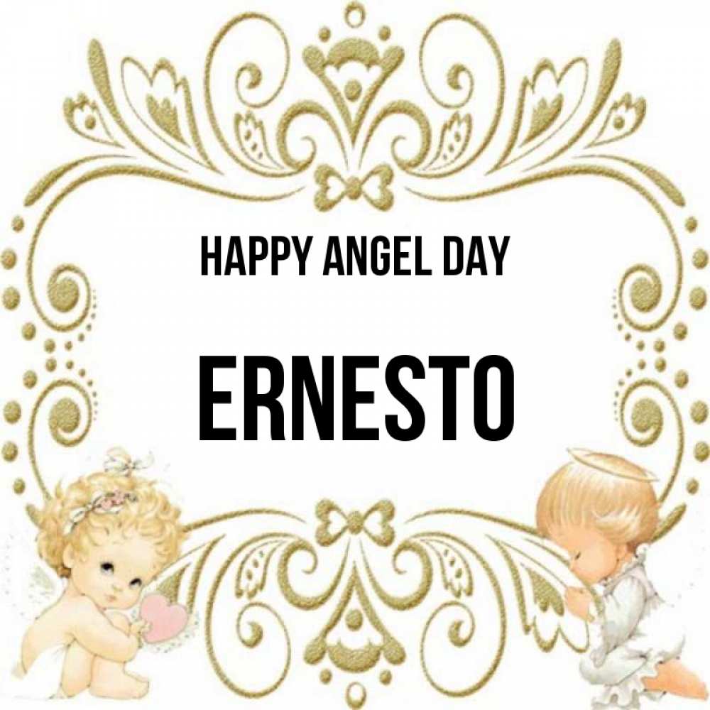 Greetings card с именем, Ernesto happy angel day с именинами поздравляют два красивых ангела. Один с сердечком другой молится Greetings with text for free download 