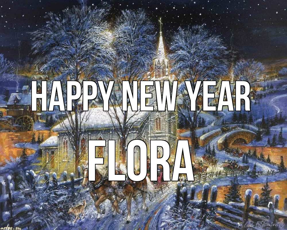 Greetings card с именем, Flora Happy New Year упряжка лошадей, лошади, новый год Greetings with text for free download 