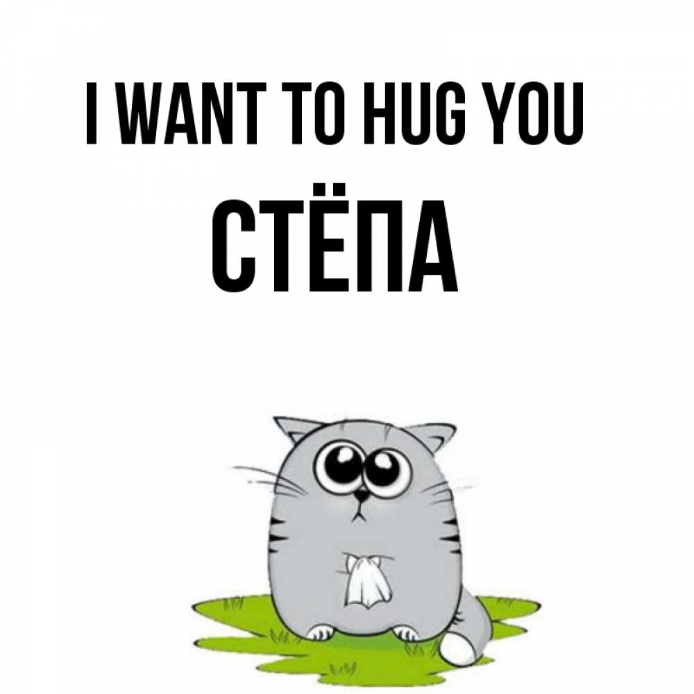 Greetings card с именем, Стёпа I want to hug you котик теребит платочек сидя на травке Greetings with text for free download 