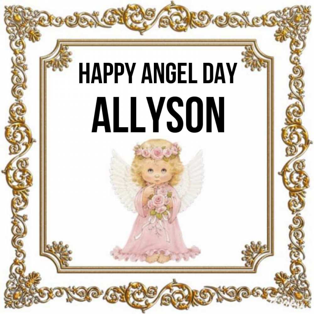 Greetings card с именем, Allyson happy angel day девочка ангел с крыльями и цветами в розовом платье Greetings with text for free download 