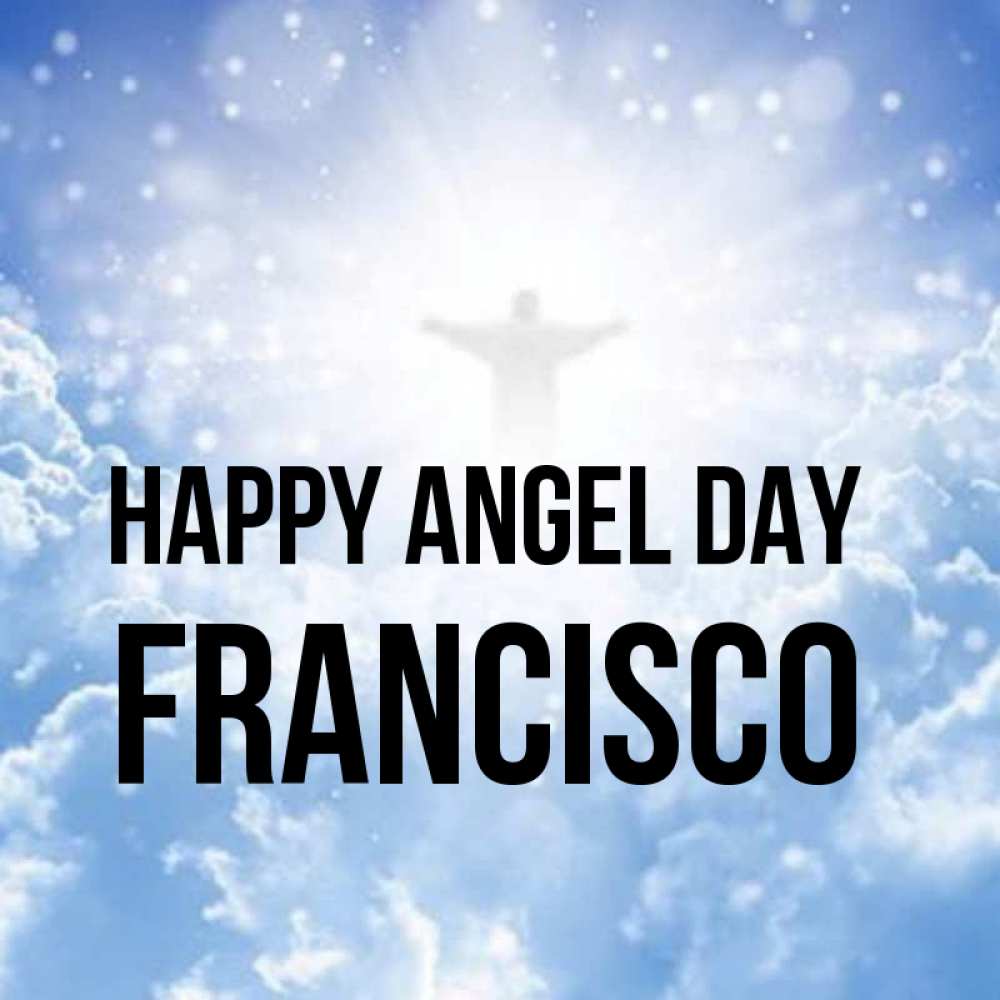 Greetings card с именем, Francisco happy angel day ангел на облаках в свете солнца Greetings with text for free download 