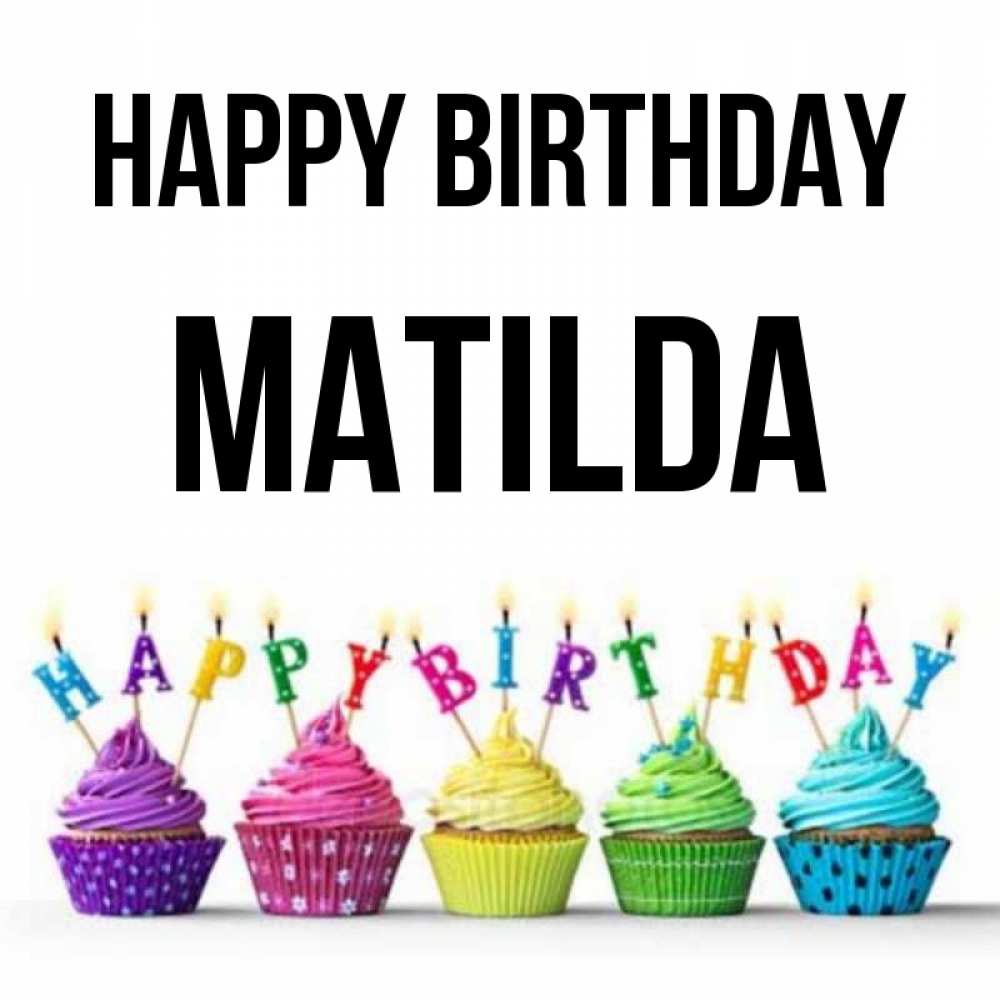 Greetings card с именем, Matilda Happy Birthday открытка ко дню рождения с разноцветными вкусняшками Greetings with text for free download 