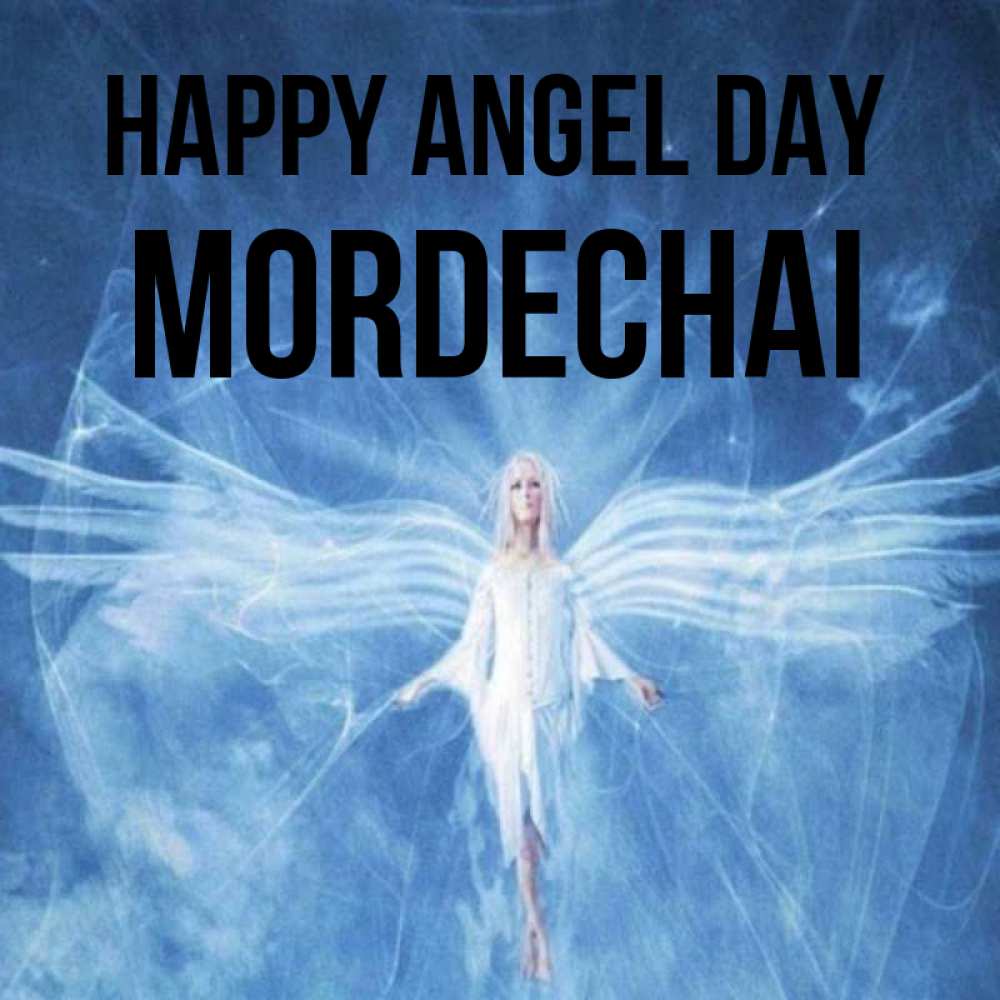 Greetings card с именем, Mordechai happy angel day голубой фон и крылья как у стрекозы Greetings with text for free download 