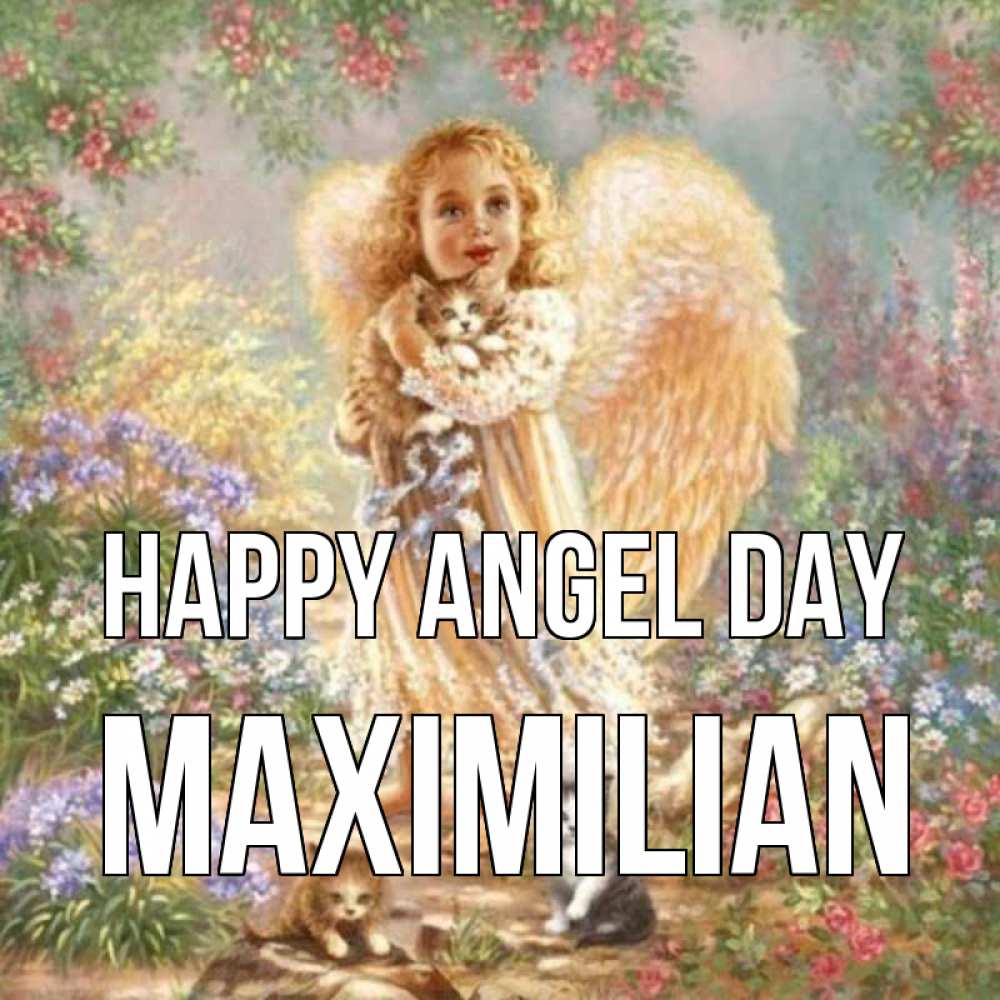 Greetings card с именем, Maximilian happy angel day держит котенка Greetings with text for free download 