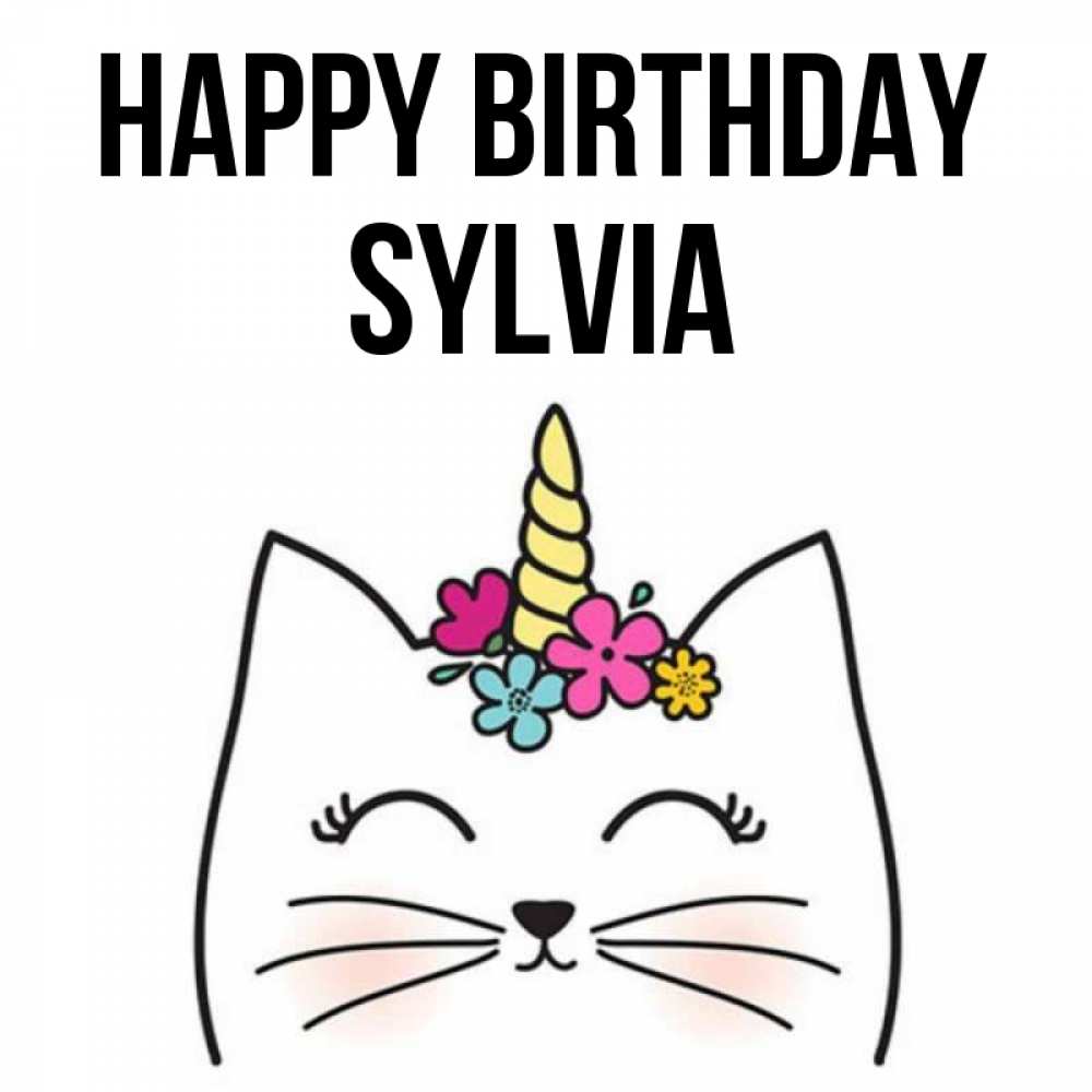 Greetings card с именем, Sylvia Happy Birthday милый кот с одним рожком Greetings with text for free download 