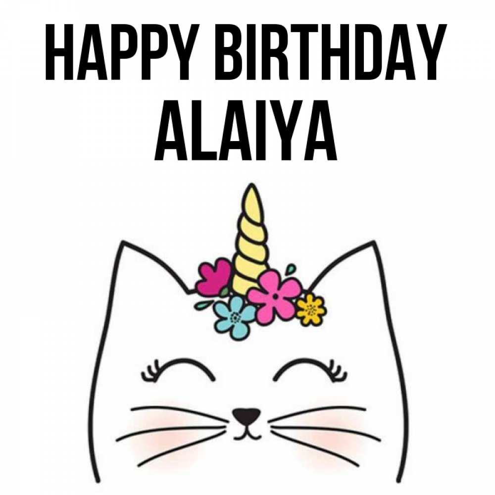 Greetings card с именем, Alaiya Happy Birthday милый кот с одним рожком Greetings with text for free download 