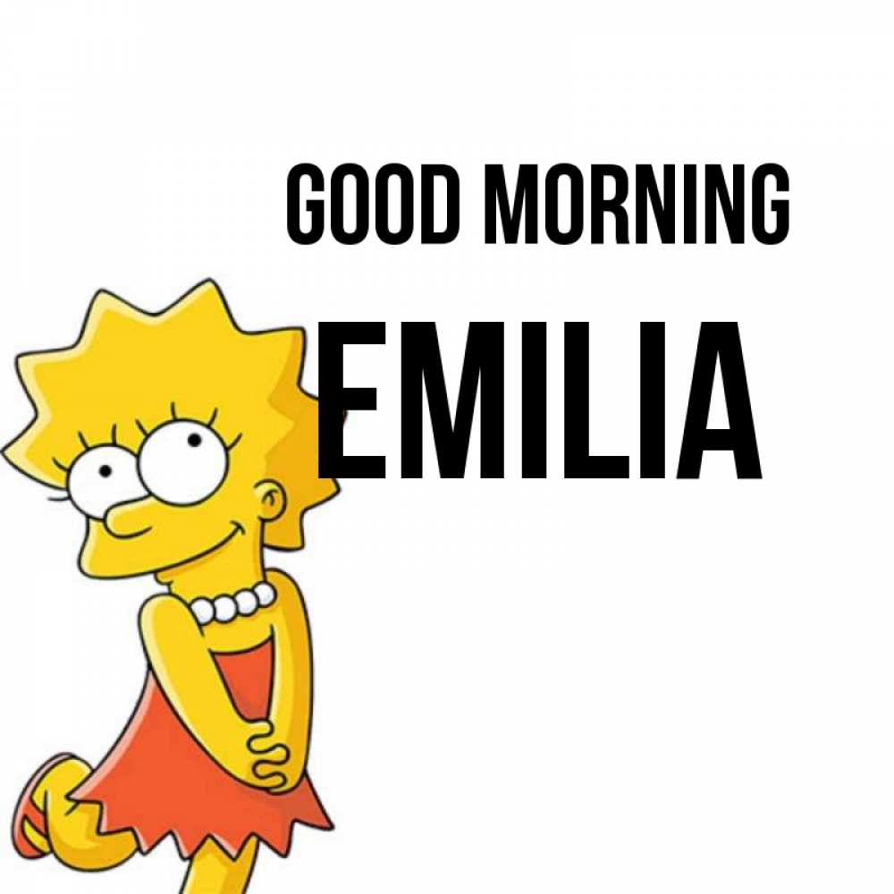 Greetings card с именем, Emilia Good morning в платье и ожерелье Greetings with text for free download 