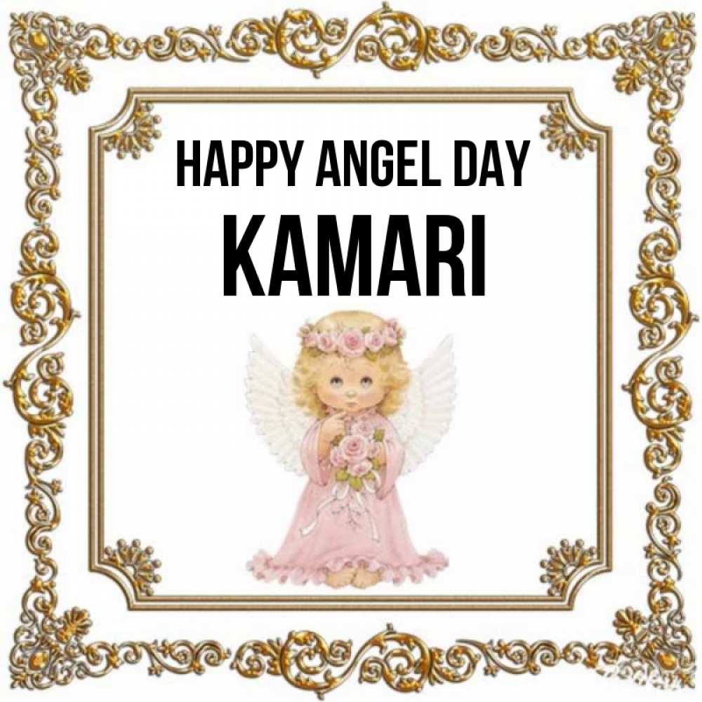 Greetings card с именем, Kamari happy angel day девочка ангел с крыльями и цветами в розовом платье Greetings with text for free download 