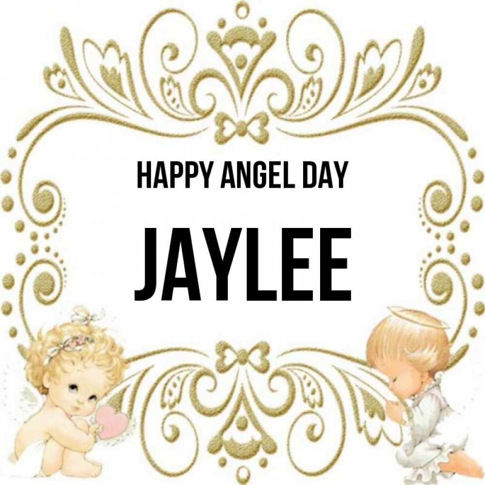 Greetings card с именем, Jaylee happy angel day с именинами поздравляют два красивых ангела. Один с сердечком другой молится Greetings with text for free download 