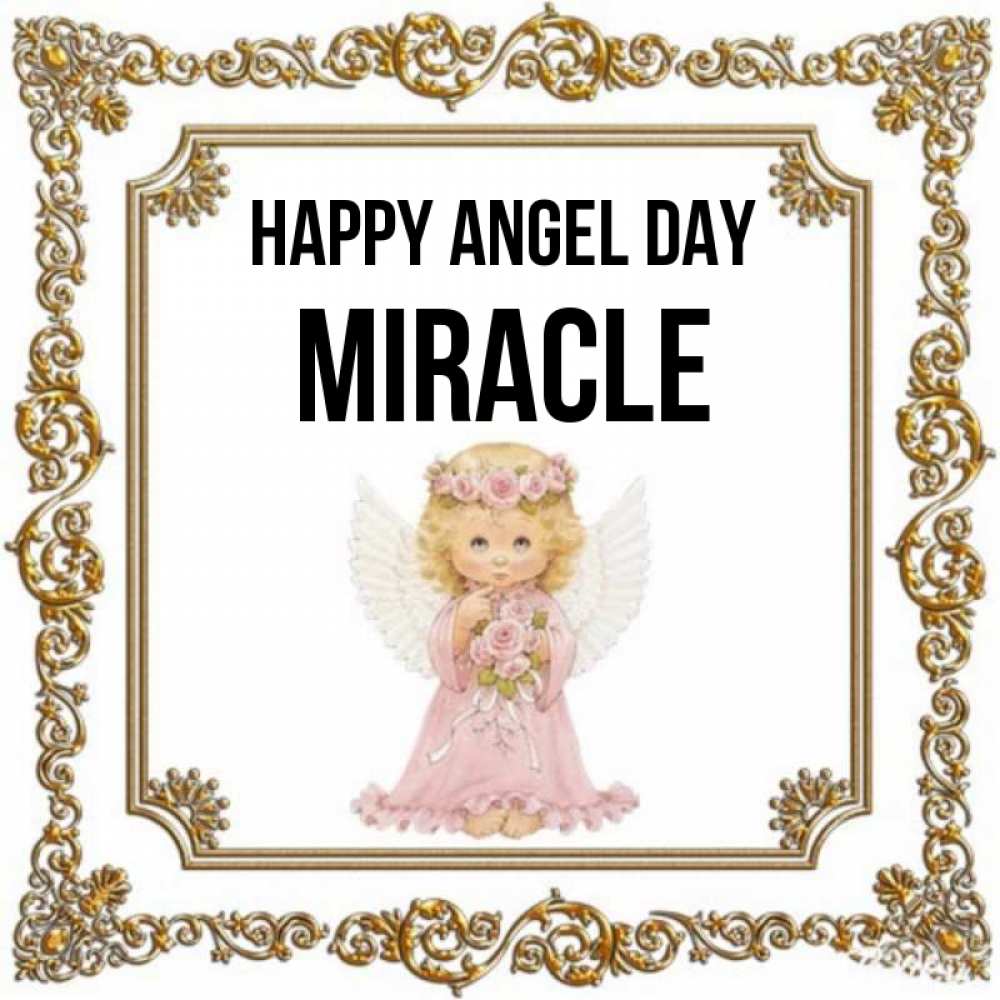Greetings card с именем, Miracle happy angel day девочка ангел с крыльями и цветами в розовом платье Greetings with text for free download 