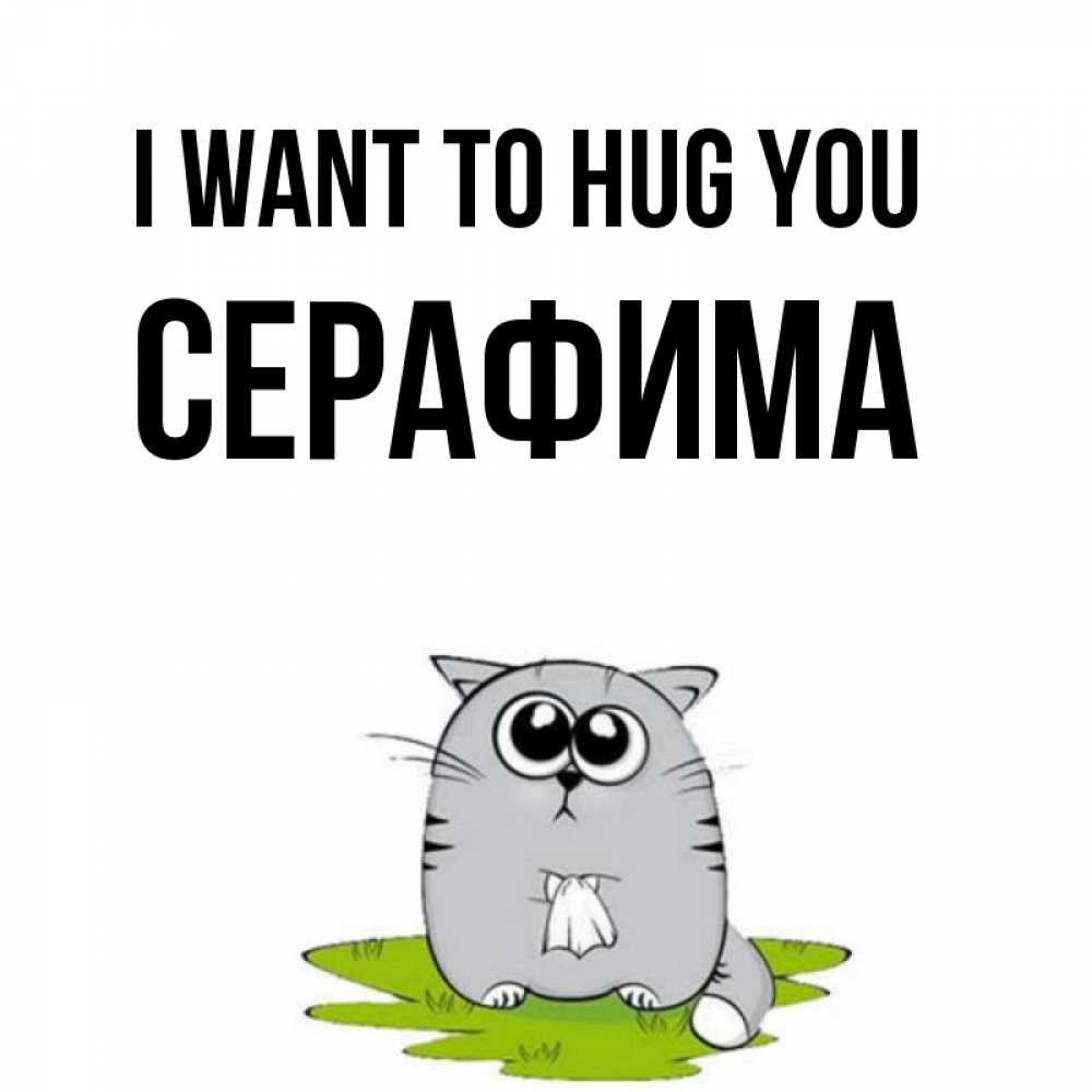 Greetings card с именем, Серафима I want to hug you котик теребит платочек сидя на травке Greetings with text for free download 